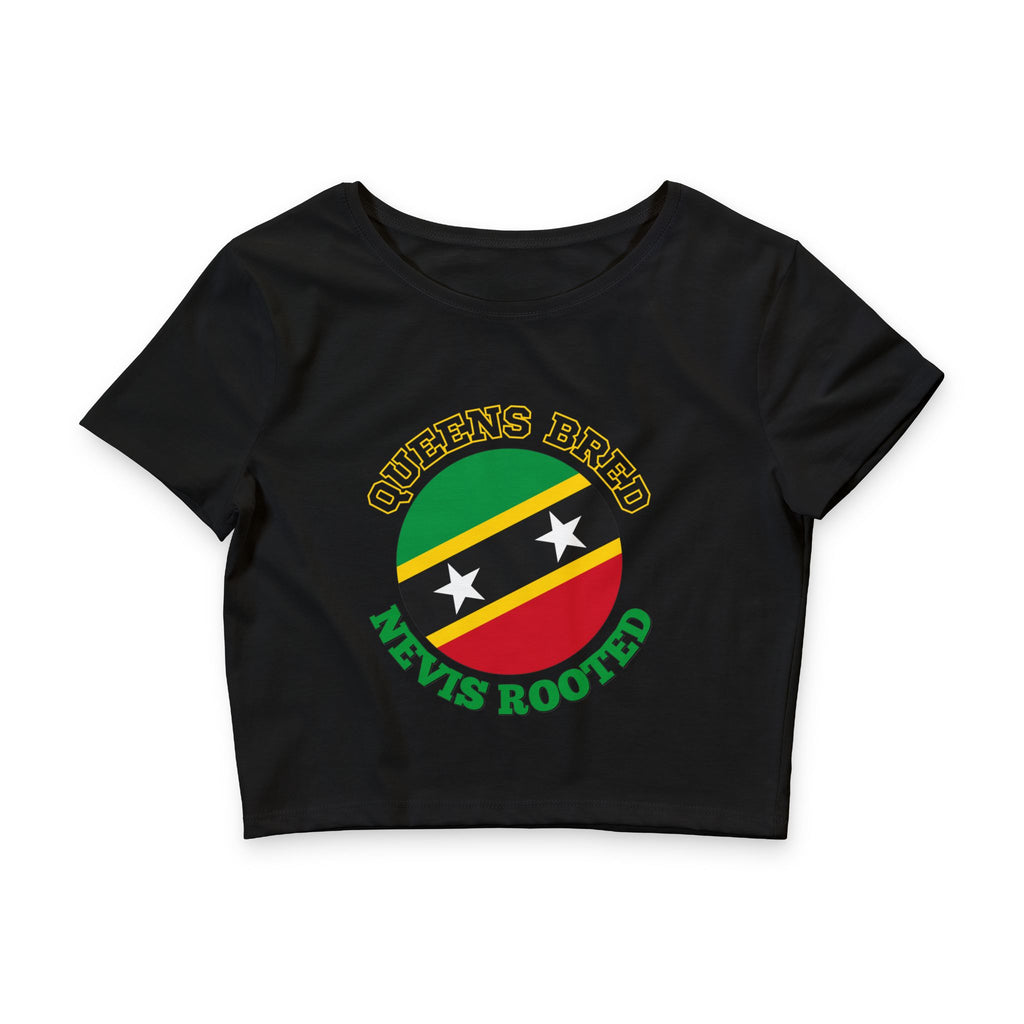 Nevis Roots Crop Tee — “Queens Bred” Caribbean Flag Graphic